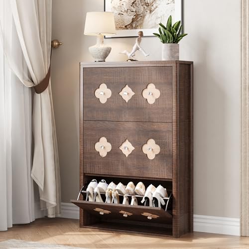 GarveeHome Shoe Storage Cabinet with 3 Flip Drawers, Narrow Wood Shoe Organizer Cabinet with Floral Pattern, Freestanding Slim Shoe Rack Cabinet with Adjustable Shelves, for Entryway, Hallway, Brown - color: Brownish-red, size: 3-Drawers