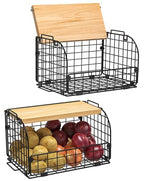 2 Set Stackable Wire Basket with Openable Top, Kitchen Counter, Pantry Organizer and Storage Produce Onion Potato Fruits Vegs Bread Food Snack Spice Organizing Bin for Cabinet Shelf Countertop Floor