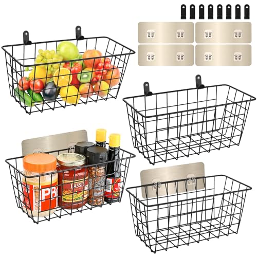 4 Pack Hanging Wall Basket Wire Storage Baskets, Adhesive Basket for Cabinet Door Organizer(2 Wall Mounting Options), Hanging Fruit Baskets for Kitchen, Pantry Organization, Bathroom, Black - style: 2 Installations, 4pack