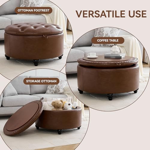 WUTUTUEE 30Inch Round Storage Ottoman with Tray, Modern Tufted Leather Circle Coffee Table with Storage, Upholstered Ottoman with Removable Top for Living Room, Bedroom, Leather Coffee - color: Leather Coffee, size: 30 Inch