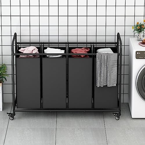 Laundry Sorter 4 Section Hamper Sorter with Heavy Duty Lockable Rolling Wheels Removable Bags Basket Separator for Dirty Clothes Storage,Black - size: 4 Bags Black