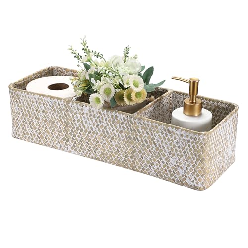 Seagrass Shelf Basket with Dividers, Rectangular Woven Storage Baskets for Organizing, Decorative Wicker Narrow Basket Tray with 3 Sections for Shelves, Toilet Tank, Bathroom Counter - color: Whitewash