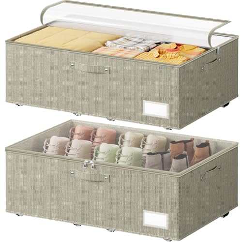 Dayacoco Under Bed Storage With Wheels,10 Inches Under Bed Storage Containers,65L Large Capacity,No Assembly Required Rolling Under Bed Storage for Clothes,Blankets,Shoes,Beige - size: 10.1 inch height-beige