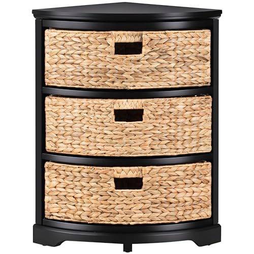 eHemco Hampton Meadows 3 Tier X-Side Corner Table Storage Cabinet with 3 Wicker Baskets, Black - color: Black, size: 14"D x 14"W x 25.5"H (3 Drawers)