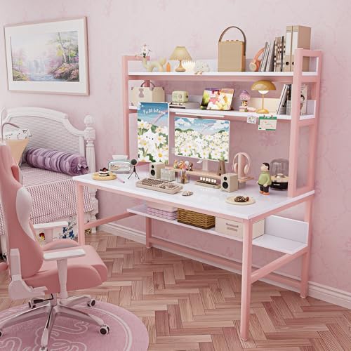 Aquzee Pink Girls Desk with Hutch, 55in Computer Desk with Bookshelf for Teens Adults, Craft Table for Bedroom Kids Room, White Pink Study Table with Shelves for Storage - color: Pink, size: 55inch