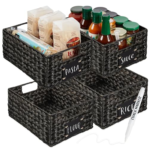 Best Choice Products Set of 4 9x12in Water Hyacinth Pantry Baskets, Woven Organizers w/Chalkboard Label, Chalk Marker - Black - color: Black, size: 9x12x5in