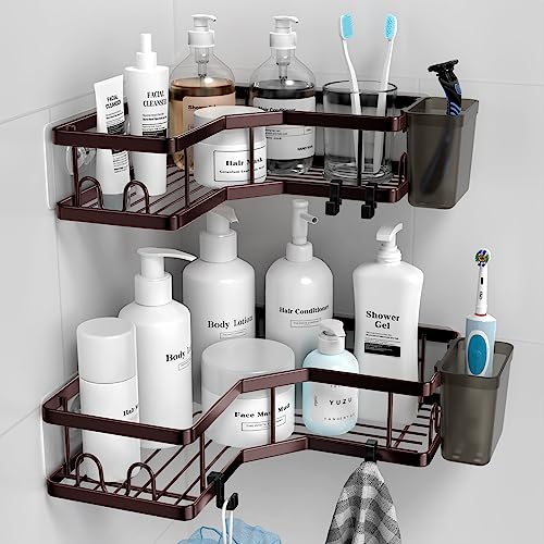 AKTECKE Shower Caddy Corner Organizer: 2Pack Adhesive Shower Shelf Essentials - No Drilling Stainless Steel Bathroom Storage Rack with Hooks and Toothpaste Holder - Shower Accessories - color: bronze, size: 9.6"×9.6"×2.6"