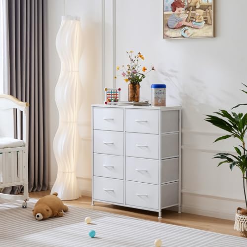 OLIXIS Dresser for Bedroom, 8 Storage Drawers, Tall Large Fabric Storage Tower Organizer, Chest of Drawers with Metal Frame Wooden Top for Nursery, Closet, Living Room, Entryway, Classic White - color: White, size: 11.8"D x 31.5"W x 36.4"H (8 Drawers)