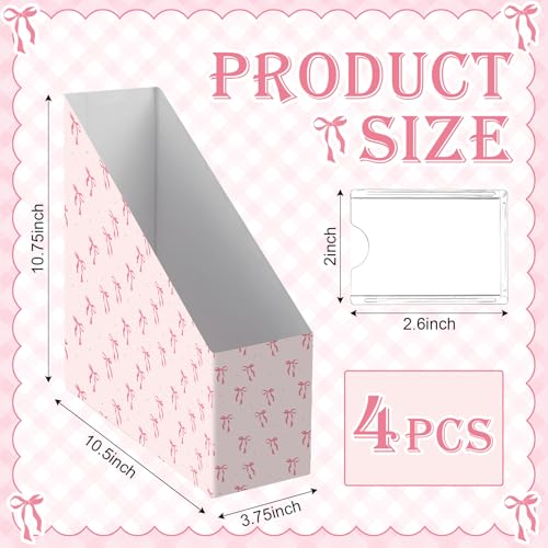 AmazingSpark Set of 4 Pink Bow Magazine File Holder Decorative Foldable Cardboard Magazine Storage Boxes with Acrylic Label Holders Coquettish Boho Organizer for Office Home Organization Storage - style: Pink Bow