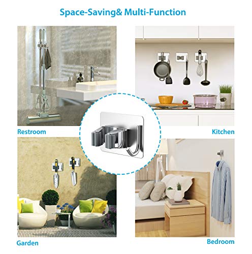 homeasy Mop Broom Holder No Drill, Mop Broom Organizer Wall Mounted Heavy Duty with Hooks Hanger, Self Adhesive Stainless Steel 4Pcs for Bathroom, Kitchen, Office (Silver) - color: Silver