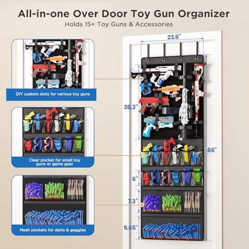 Mefirt Over The Door Organizer for Toy Guns, Toys Storage Door Hanger with Pockets and Slots for Kids Foam Blasters, Darts, Goggles, Over Door Toys Storage Organizer, for Kids Rooms, Game Rooms, Gray - color: Grey