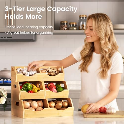 Onion Storage Bins Potato, 3 Tier Bamboo Pantry Storage Bin Stackable Ventilated Kitchen Organizer for Pantry, Countertop, Bathroom, Space-Saving, Easy Access Handle Natural Brown - color: Natural Brown