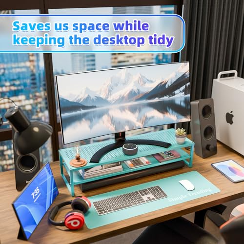 Simple Trending 2 Tier Metal Dual Monitor Stand Riser, Computer Office Desktop Organizer for 2 Monitors with 32"x10" Mouse Pad for Laptop, Printer, TV, Blue - color: Blue