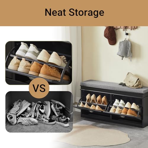 SoBuy Black Storage Shoe Bench with 2 Flip Drawers, Hidden Shoe Bench, Free Standing Shoe Rack, Shoe Cabinet, Hallway Storage Bench with Seat Cushion FSR64-SCH - color: Black, size: 2 Drawers (Long)