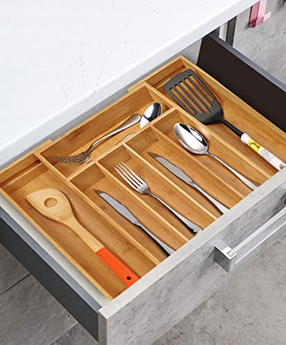 Utoplike Bamboo Cutlery Tray Silverware, Drawer Dividers for Kitchen Utensils, Flatware Tray Drawer Insert for knives, Gadgets and Garage Tools, Office Supplies - color: Natural, size: Small