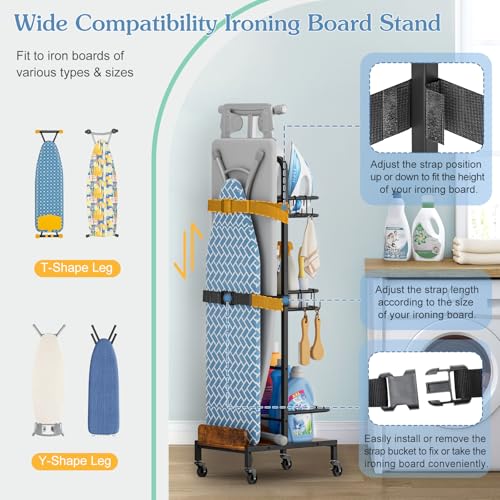 Ironing Board Hanger,Iron and Ironing Board Holder No Wall Mount,Laundry Room Organization and Storage Cart with Iron Stand,Narrow Laundry Shelves Organizer Cabinet,Laundry Room Essentials Accessories - color: Black & Rustic Brown
