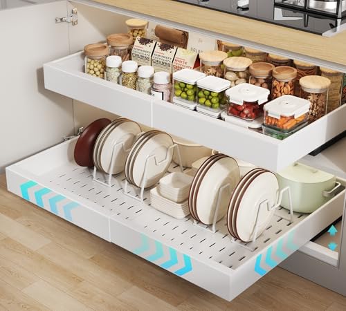 Seinloes 2 Pack Pull out Cabinet Organizer 21" Deep With Raising Pad for Framed Cabinets,Expandable (15.2"-26.3"W) Slide out Drawers for Kitchen Cabinets with 4pcs Divider Racks,Roll out Shelves,White - color: White, size: 15.2"-26.3"W x 21"D(2Pack)
