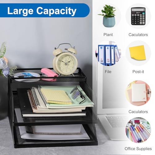 2-Tier Stackable Paper Tray Organizer with Top Tray, Metal Mesh Desktop File Holder & Document Sorter for Office, Home, Learning Places (Black)