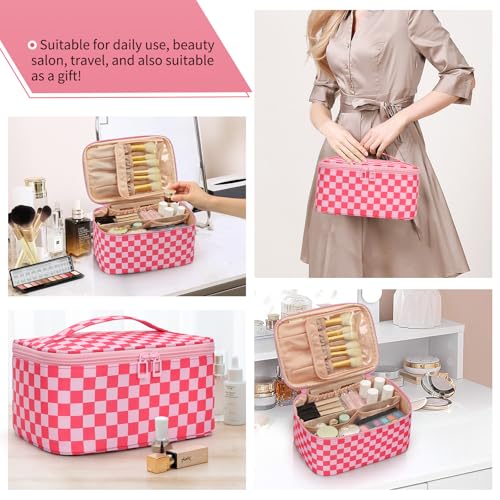 OCHEAL Makeup Bag Portable Cosmetic Bag For Women, Large Capacity Travel Makeup Case Organizer, Toiletry Bag for Girls Traveling With Handle and Divider-Pink - color: 0021_Grid Rose Red, size: Medium