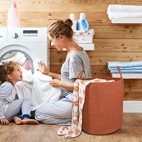 XUANGUO Cotton Rope Laundry Basket Hamper for Clothes Woven Storage Basket for Living Room Bedroom Boho Tall Rope Baskets for Blanket Toys Pillow Towels Baby Nursery Hamper Bin Large rust red - color: rustic, size: Regular