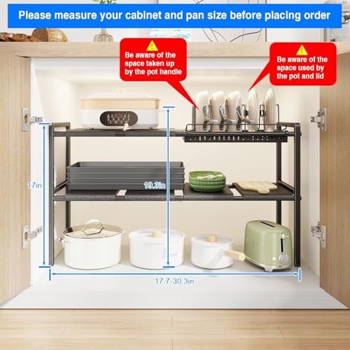 Mustorn Pots and Pans Organizer Under Cabinet, Expandable 2 Tier Under Sink Organizers and Storage Adjustable Height Kitchen Pot and Pan Lid Holder Rack with 6 Dividers(6panels,1 Pot rack, Black) - size: 6panels &1 pot rack-2 Tier