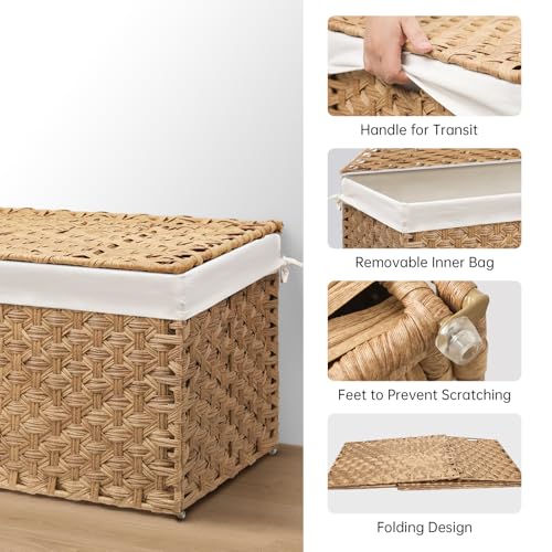 Wicker Storage Basket with Lid, 27.7 Gallon (105L) Large Blanket Basket with Lid, Woven Storage Bin with Handles, Removable Liner, Metal Frame, Foldable, for Bedroom, Laundry Room, Natural - color: Natural, size: 105L:15.7 x 26 x 15.7 Inches