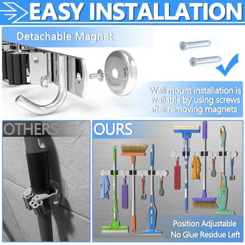 3-H Magnetic Broom Holder Wall Mount 2 Pack, 2-in-1 Dual Mount (No Drill or Screw Fix), 304 Stainless Steel Heavy Duty Magnet Mop Broom Organizer for Kitchen Garden Garage(4 Racks & 5 Hooks,Silver) - color: Silver, size: 2pc & 4R5H
