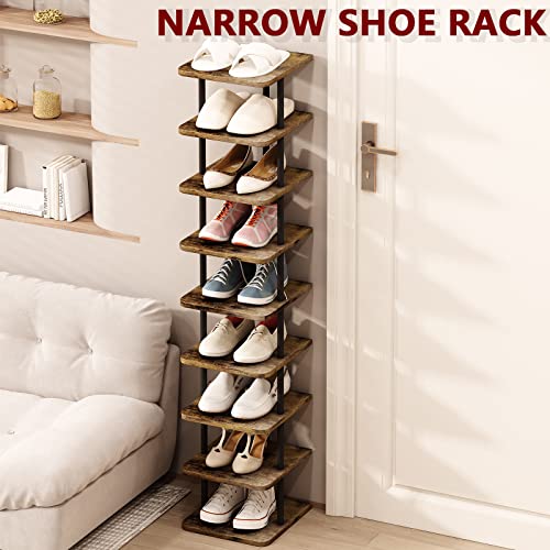 AZERPIAN Shoe Rack 9 Tier Vertical Storage Organizer Narrow Metal Slim Shelf Modern Free Standing Shoe Tower Saving Space for Closet Entryway Bedroom,Black+Rustic Brown - color: Black+rustic Brown, size: 9 Tier