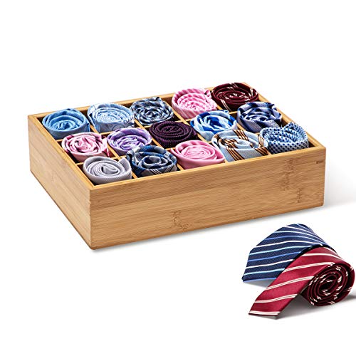 GOBAM Bamboo Closet Drawer Divider - Storage Organizer with 15 Compartments, Drawer Organizer, Storage Box for Belts, Ties, Bras, Briefs, Socks & Jewelry - Natural - color: Natural