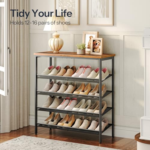 HOOBRO Shoe Rack for Entryway, 5-Tier Shoe Organizer with Adjustable Mesh Shelves, 16-20 Pairs of Shoes, Spacious Floor Mount, Metal, Industrial, Shoe Shelf for Closet, Rustic Brown BF12XJ01 - color: Rustic Brown + Black, size: 29.5"W x 11.8"D x 31.8"H