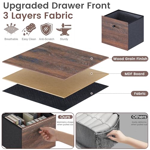 Walnut Cube Storage Bookcase, Rustic Brown 20 Cube Storage Organizer, Wooden Bookshelf with 3 Fabric Bins, Freestanding Bookcase for Bedroom Living Room, Large Home Organizer Shelf, Farmhouse Style - color: Walnut, size: 20 Cube