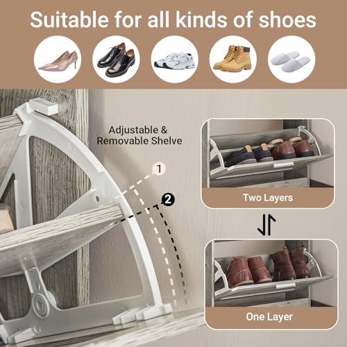 Haotian Enclosed Shoe Rack for Entryway, Narrow Shoe Cabinet with 2 Flip Drawers, Slim Shoe Storage Organizer for Hallway or Small Spaces, Grey, FSR137-HG - color: Grey, size: 2-Drawers