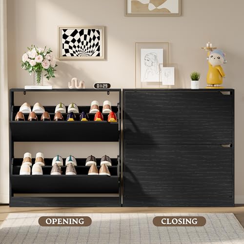 BORNOON Shoe Cabinet with 2 Flip Drawers, Slim Narrow Shoe Storage Cabinet, Freestanding Shoe Organizer with Adjustable & Removable Shelves, Top Display Shelf for Entryway, Hallway, Foyer, Closet - color: Black, size: 2-Drawer