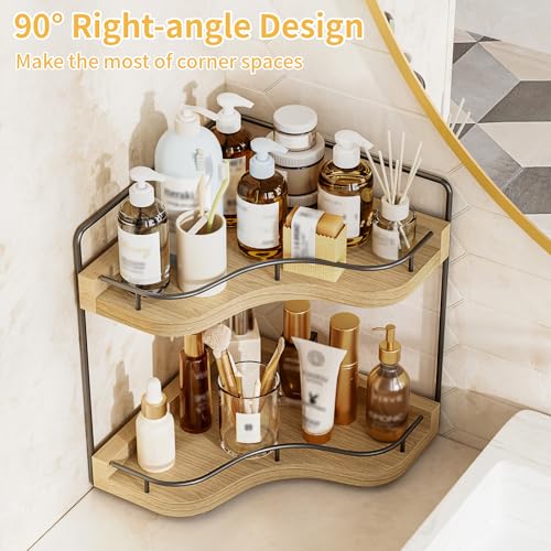 2-Tier Corner Bathroom Counter Organizer with Embedded Screw Holes, Secure & Stable Wood Vanity Shelf for Makeup and Skincare Essentials - Space Saving Bathroom Countertop Storage, ‎‎Light Walnut - color: ‎‎Light Walnut