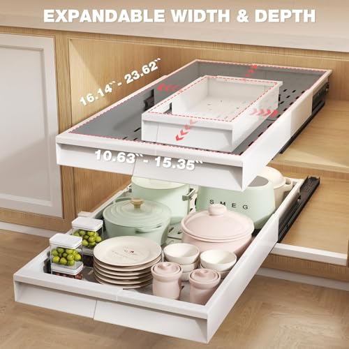Seinloes 2 Pack Pull Out Cabinet Organizer With Raising Pad for Framed Cabinets,Expandable Width (11"-16") and Depth (17"-24"),3 Slide Rails Slide Out Drawers with Handle,No-Drill Roll Out Shelf,White - color: White, size: 11"-16"W x 17"-24"D(2Pack)