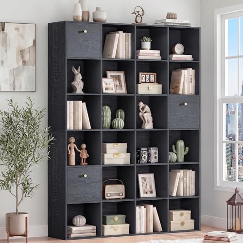 Modern Cube Storage Organizer, 24 Open Shelves Bookcase with 3 Storage Bins, Black Book Case with Wood Grain, Freestanding Shelf for Bedroom, Living Room, Home Office, Library, Wooden Large Book Shelf - color: Black, size: 24 Cube
