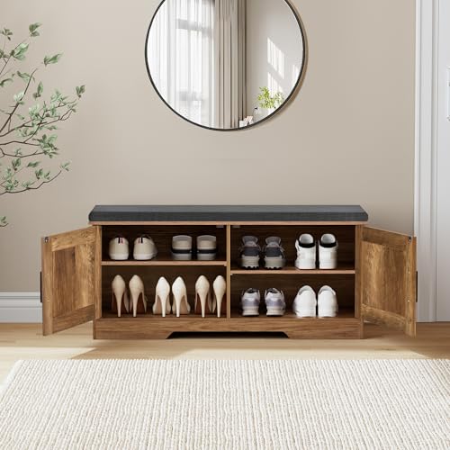 HOMSHO 2-Tier Storage Bench, 39.4" Wide Shoe Bench with Padded Seat Cushion, Entryway Bench with 2 Barn Doors and Adjustable Shelf, Rustic Walnut - color: Rustic Walnut, size: 39.4" Wide