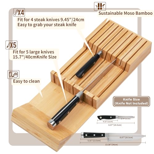 Utoplike Knife Drawer Organizer Bamboo Knives Block for Kitchen, Large Handle Steak Holder, Fit for 9 Knives (Not Included) - size: 9 Holder