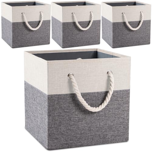 PRANDOM Large Foldable Cube Storage Bins 11x11 inch [4-Pack] Fabric Linen Storage Baskets Cubes Drawer with Cotton Handles Organizer for Shelves Nursery Closet Bedroom White and Grey - color: White and Grey, size: 11x11 inch(4-Pack)