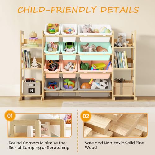 EXPERLAM Extra Large Toy Storage - Toy Storage Organizer, Wooden Toy Organizer with 6 Side Shelves and 12 Bins, 3-in-1 Bookshelf for Kids Rooms, Playroom, Nursery, Multi Color - color: Multi Color, size: 52 inches (L) x 11 inches (W) x 31.5 inches (H)