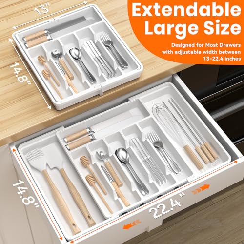 RoomHacks Large Silverware Organizer,Expandable Utensil Drawer Organizer,BPA Free Utensil Holder,Adjustable Silverware Tray Cutlery Drawer Organizer for Kitchen Flatware,Large,White (6-8 Slots) - color: White