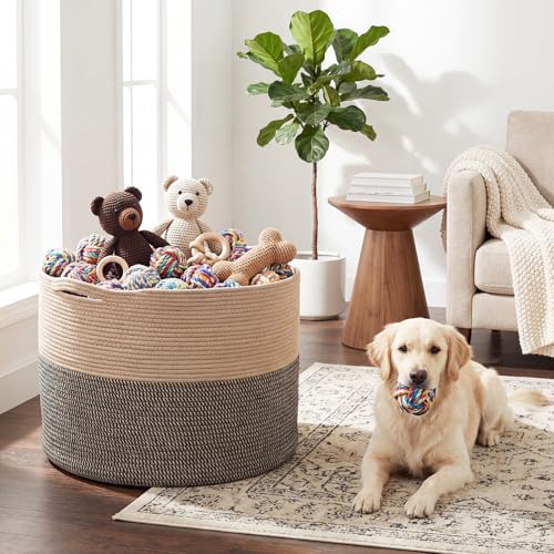 XXXXL 125L Extra Large Blanket Basket, 23.6" x 16.9" Jumbo Woven Cotton Rope Storage Basket with Handles, Laundry Hamper, Toy Storage for Living & Play Room(Black & Jute) - color: Black & Jute
