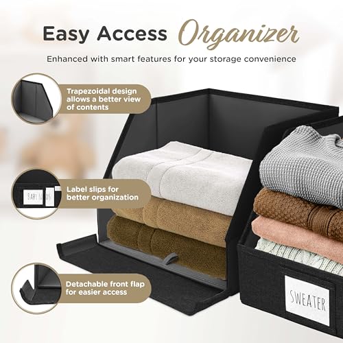 VIVIDECOR Open Front Trapezoid Closet Bins 12x12x10 – Closet Shelf Organizer for Folded Clothes, Easy Access Fabric Storage Baskets – Black, 3 Pack - color: Black