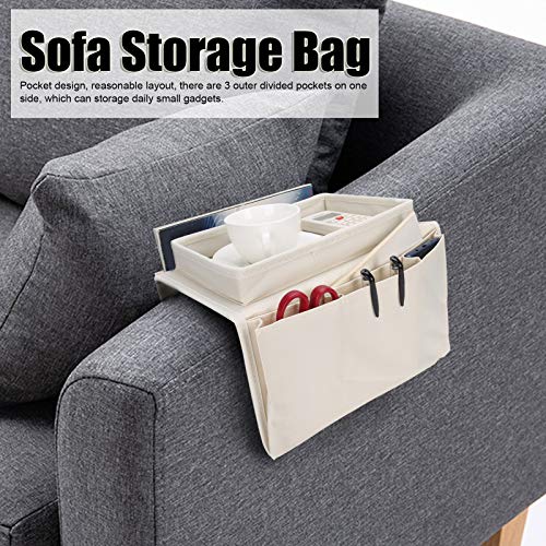 Sofa Armrest Organizer with Cup Holder Tray,4 Pockets Armchair Caddy Bedside Storage Pockets Bag 11.8x7.1x7.1inch TV Remote Control Organizer Armchair Couch Bag (Beige) - color: Beige