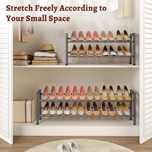 FAVOOSTY 2-Tier Expandable Shoe Rack, Adjustable Shoe Shelf Storage Organizer Space Saving Metal Free Standing Shoe Rack for Entryway Closet Doorway, Silver Grey - color: Silver Gray, size: 2 Tier