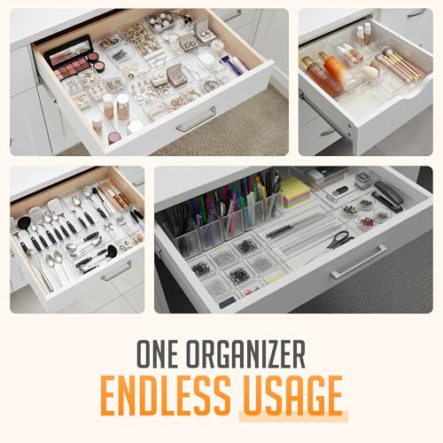 Masirs Clear Drawer Organizers Set 25 PCS – Plastic Storage Bins for Desk, Kitchen, Bathroom, Vanity – Modular, Stackable, Non-Slip Drawer Organizer Trays for Makeup, Utensils, Office Supplies - size: 25-Piece Set
