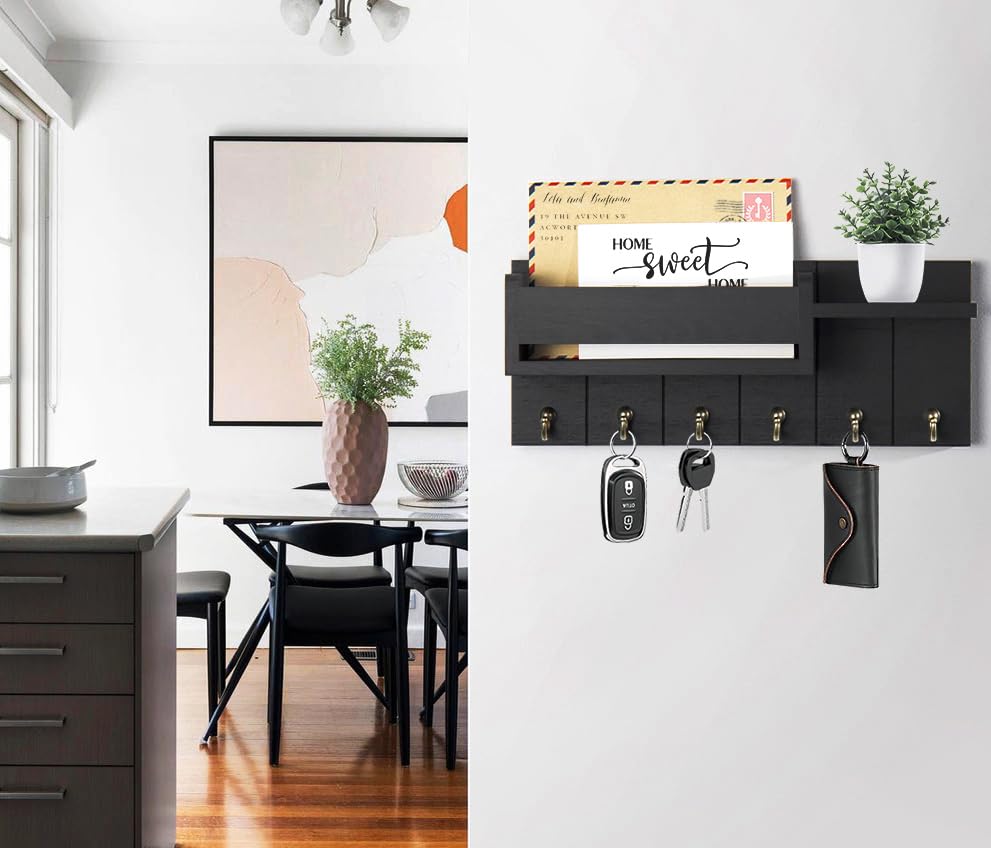 RelaxScene Key Holder Wall Mount - Decorative Key Rack and Mail Organizer with 6 Key Hooks - Wooden Key Hanger with Shelf for Living Room Decor - Rustic Farmhouse Home Entryway Aesthetic Essentials - color: Black, size: M(12''x4.8'')