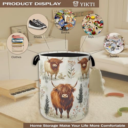 Laundry Hamper,Highland Cow Laundry Basket,Farmhouse Watercolor Flower Portable Collapsible Laundry Room Organization Storage for Dorm Room,Nursery,Bathroom,Bedroom,16x20 Inch - color: Highland Cow