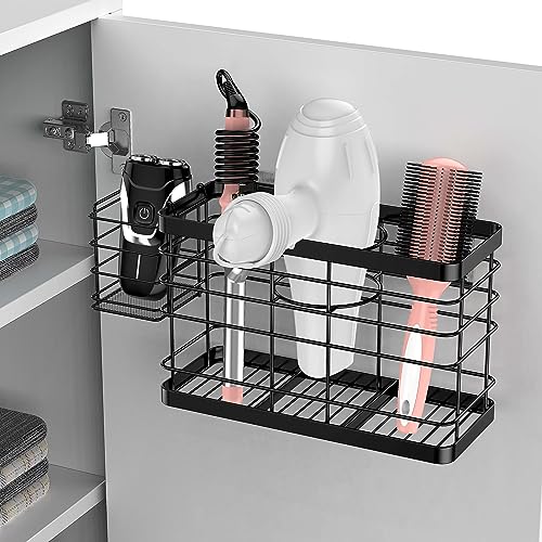 Hair Tool Organizer - Black Steel Wall Mounted Hair Dryer Holder with Removable Basket, 10.62"L x 4.33"W x 6.69"H, Ideal for Small Bathrooms - color: Black-plus