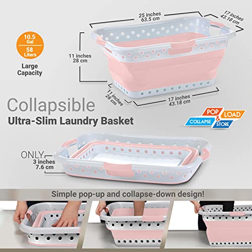 Pop & Load Collapse & Store 1 Large 25" Slim Collapsible Plastic Laundry Basket, Space Saving Portable Pop Up Storage & Organization Basket, 3" High When Folded, 3 Comfort Grip Handles, Blush Pink - color: Blush Pink, size: Large HipHolder - 3 Handles